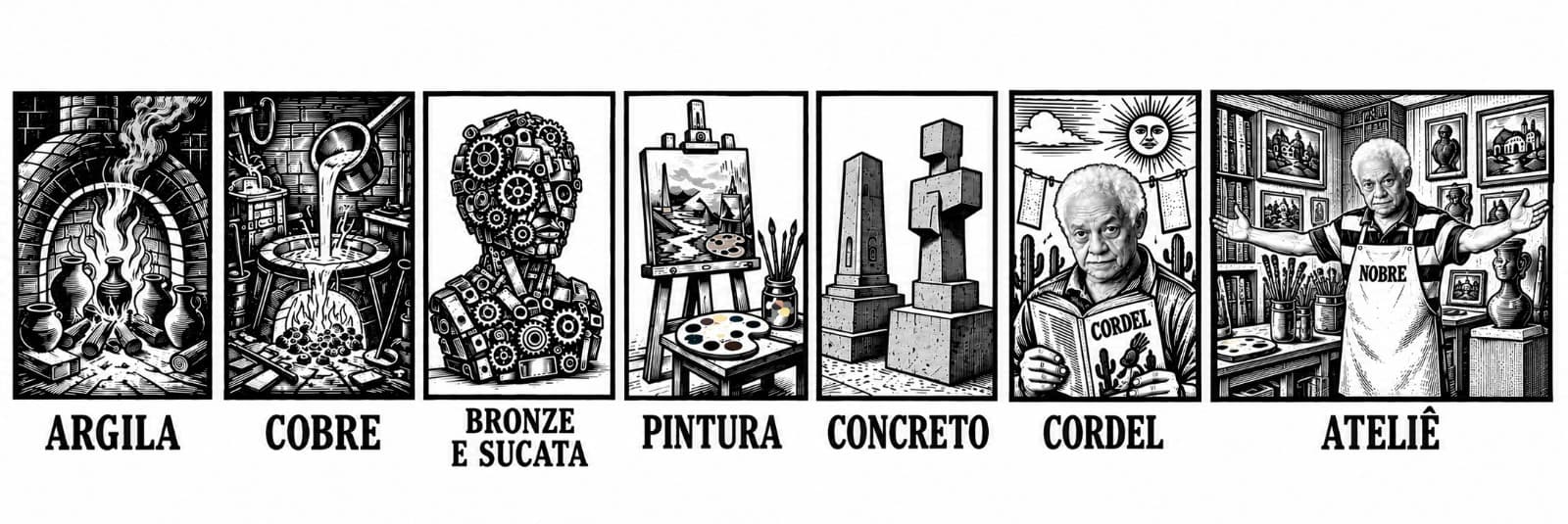 Modalidades do ateliê NOBRE — argila, cobre, bronze e sucata, pintura, concreto, cordel e ateliê