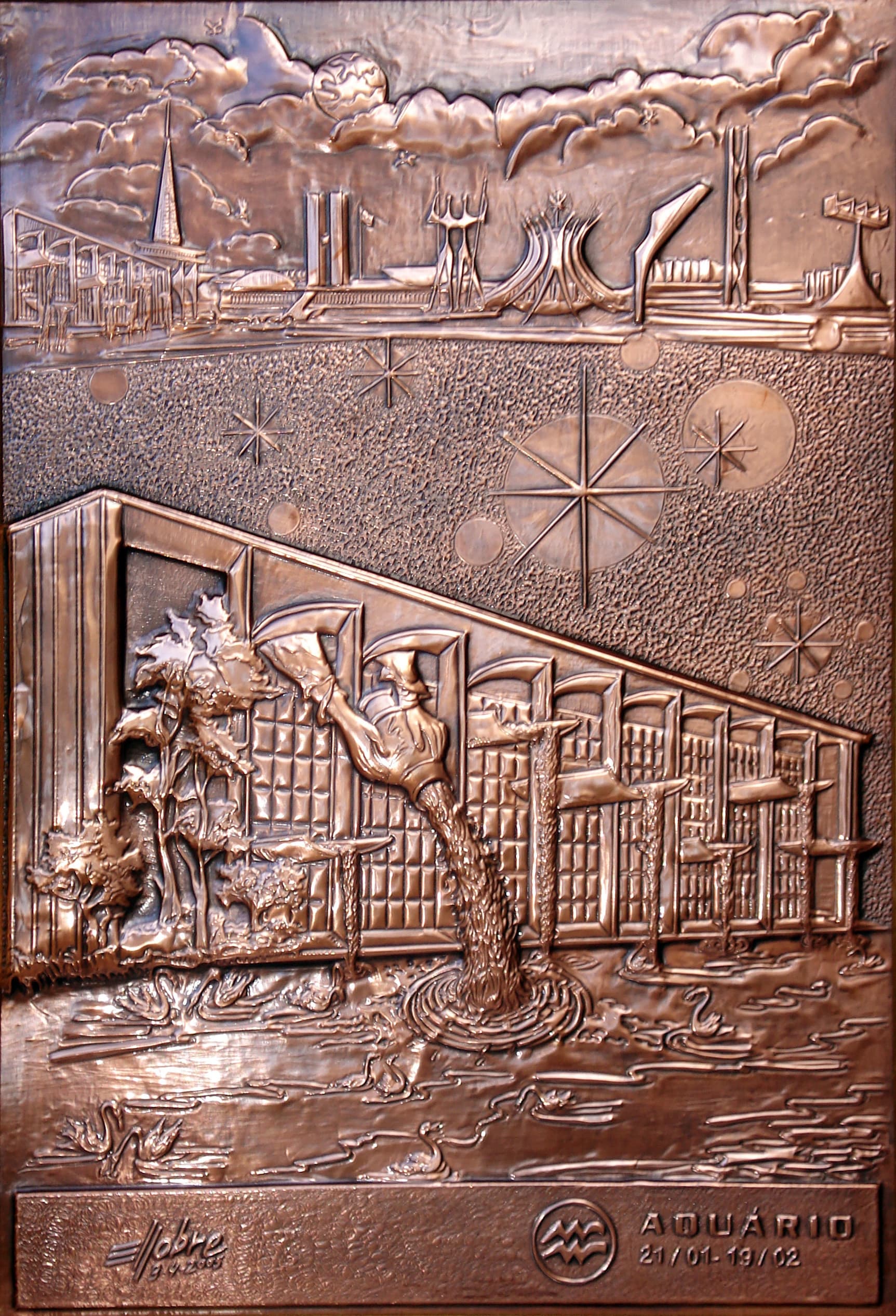 Aquário — série zodiacal em bronze e cobre — obra de Emicles Nogueira Nobre, escultor em Brasília (DF)