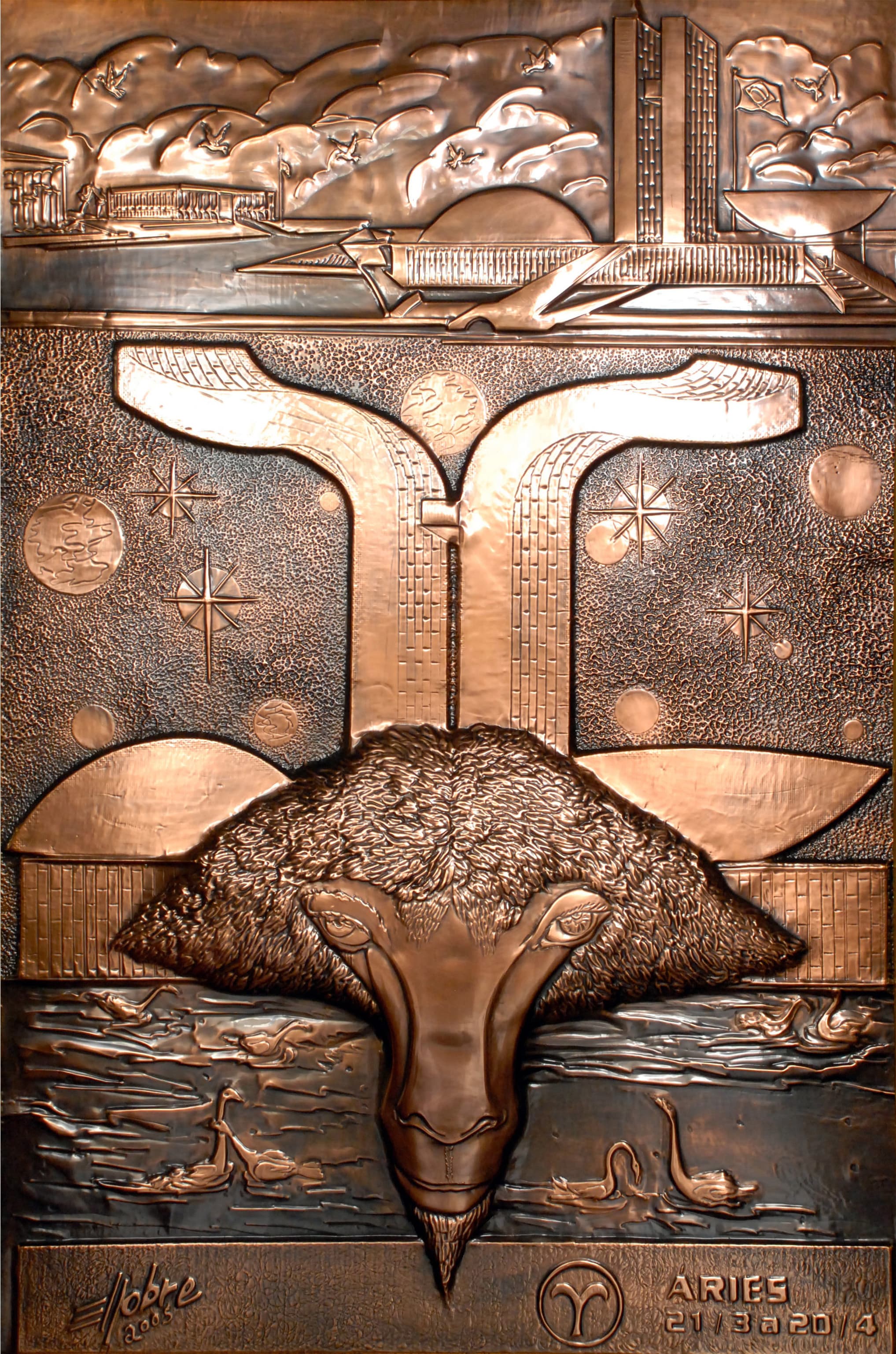 Áries — série zodiacal em bronze e cobre — obra de Emicles Nogueira Nobre, escultor em Brasília (DF)