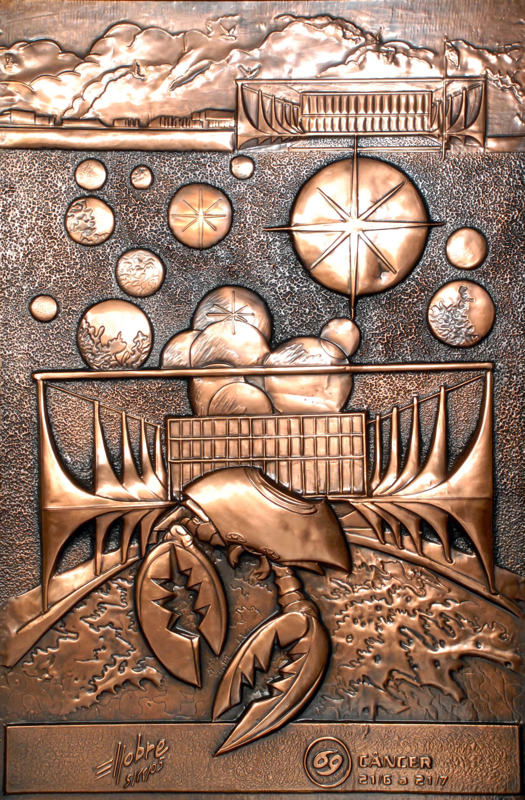 Câncer — série zodiacal em bronze e cobre — obra de Emicles Nogueira Nobre, escultor em Brasília (DF)