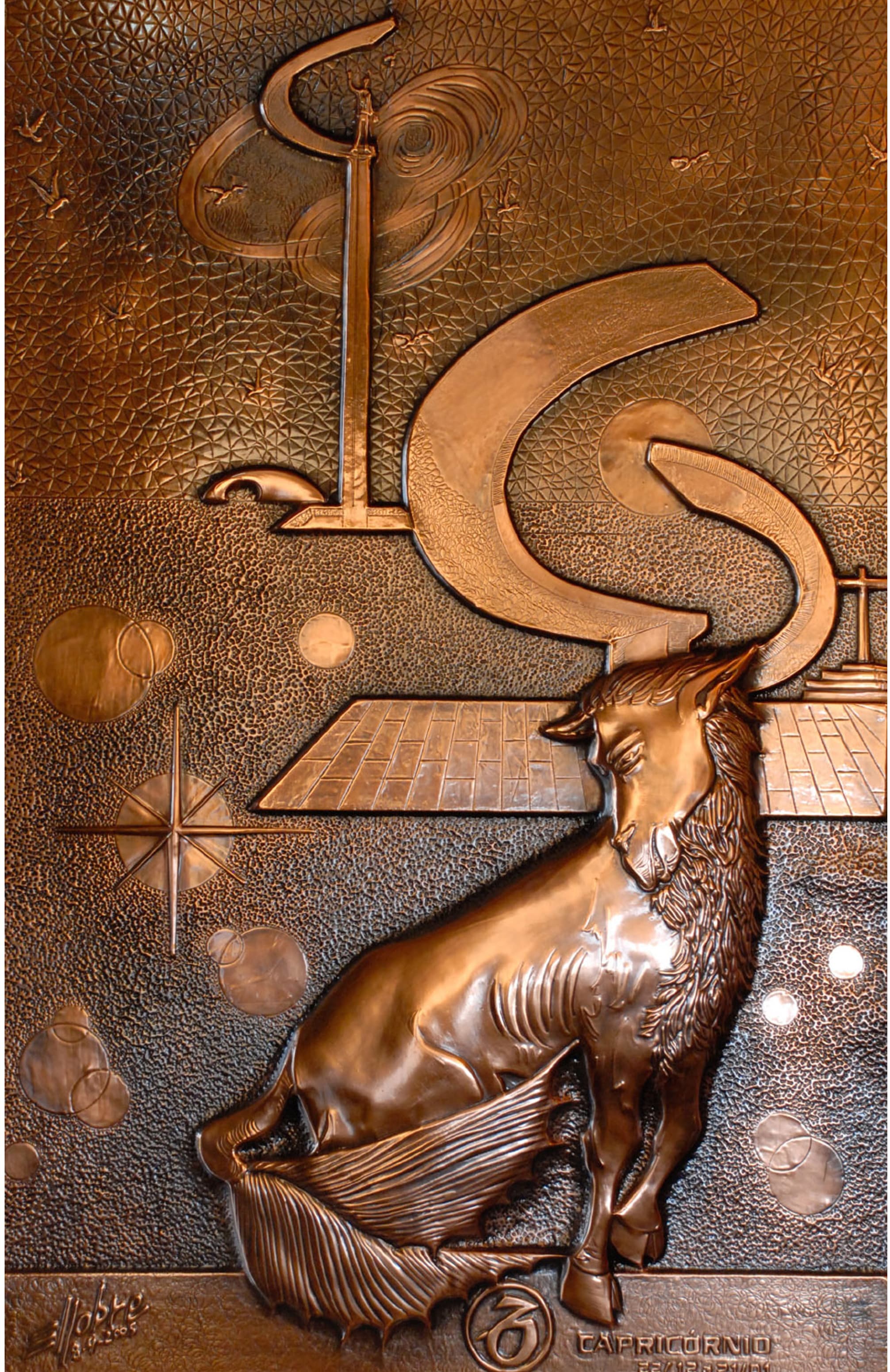 Capricórnio — série zodiacal em bronze e cobre — obra de Emicles Nogueira Nobre, escultor em Brasília (DF)