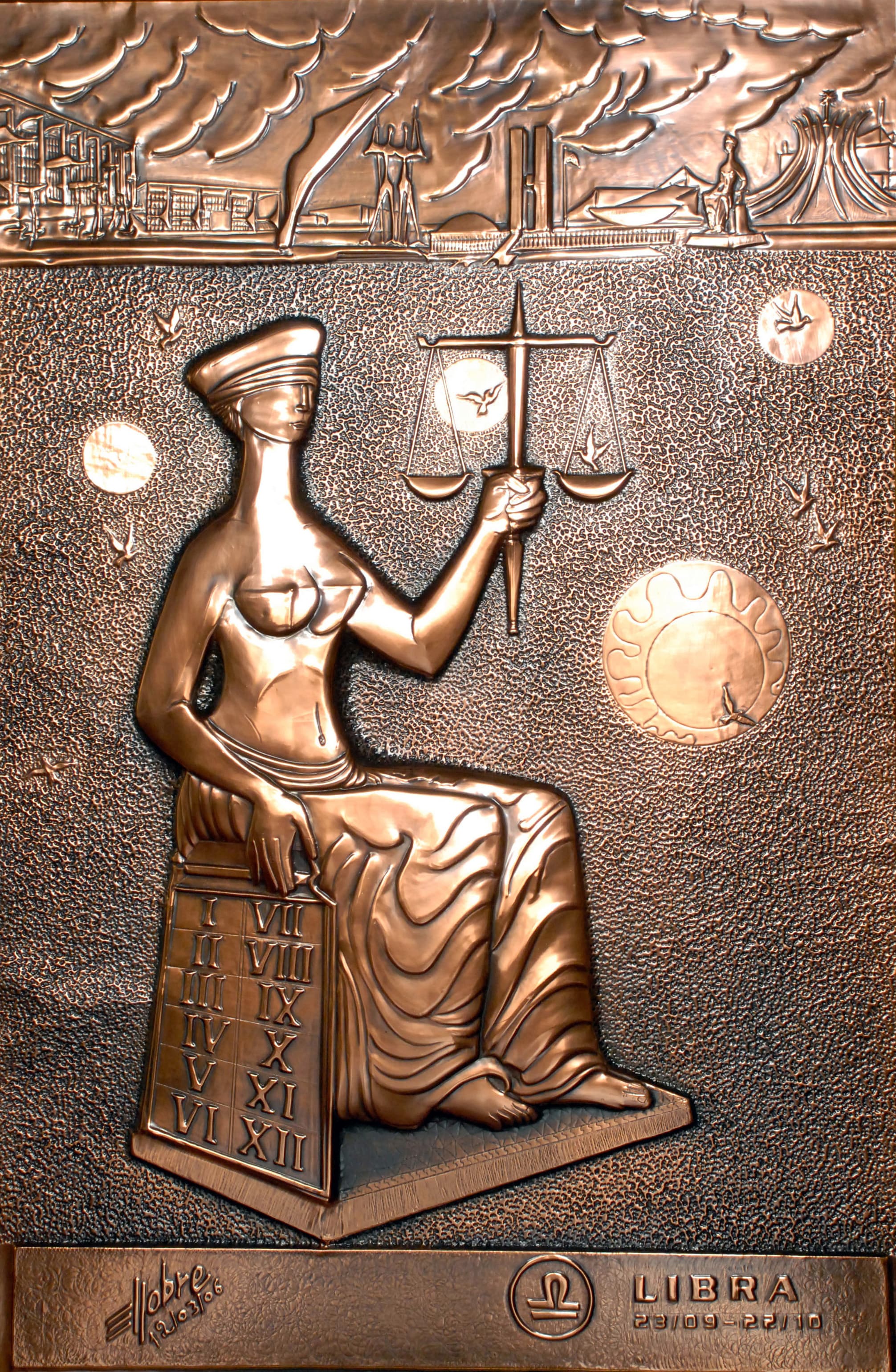 Libra — série zodiacal em bronze e cobre — obra de Emicles Nogueira Nobre, escultor em Brasília (DF)