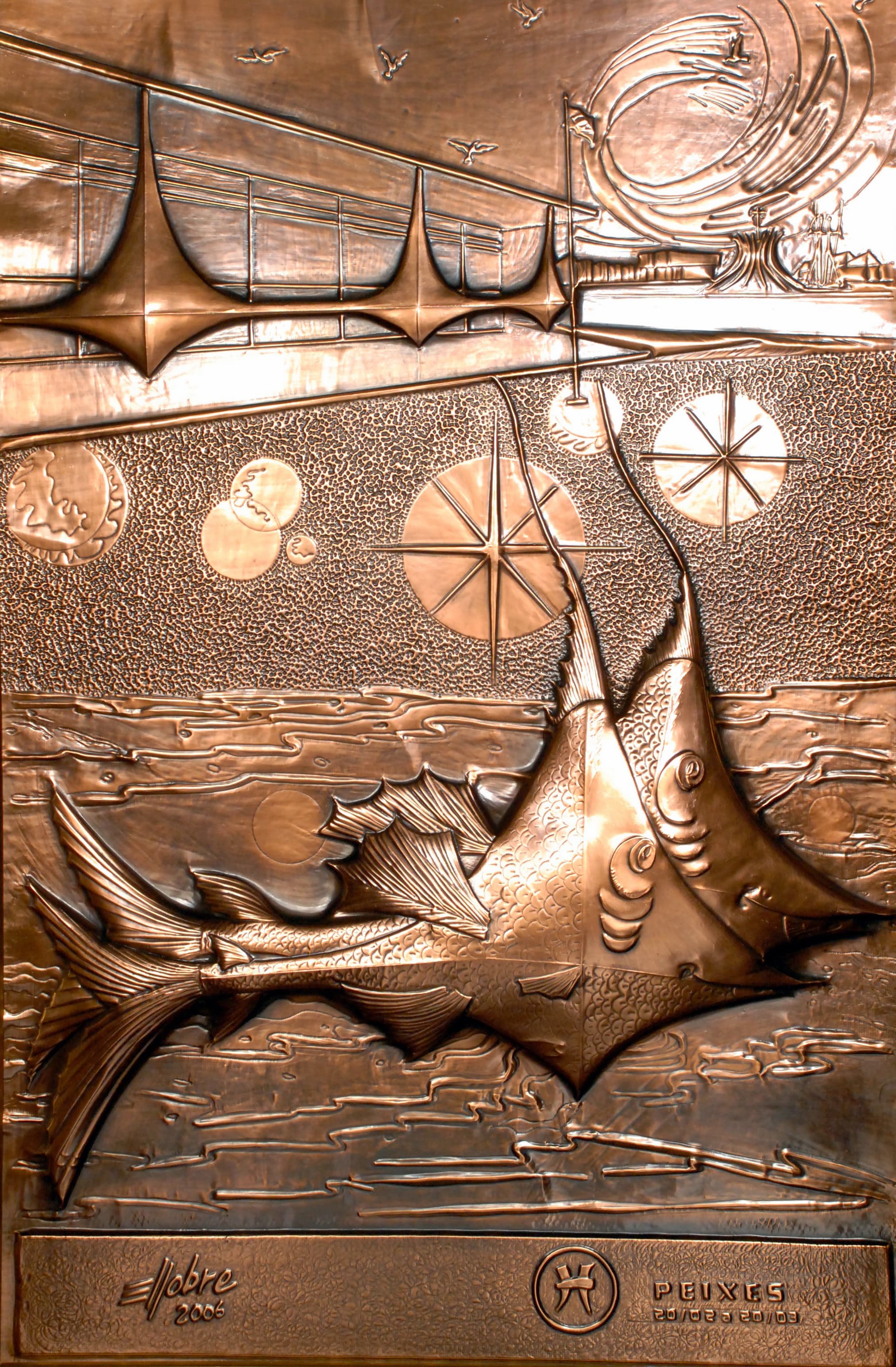 Peixes — série zodiacal em bronze e cobre — obra de Emicles Nogueira Nobre, escultor em Brasília (DF)