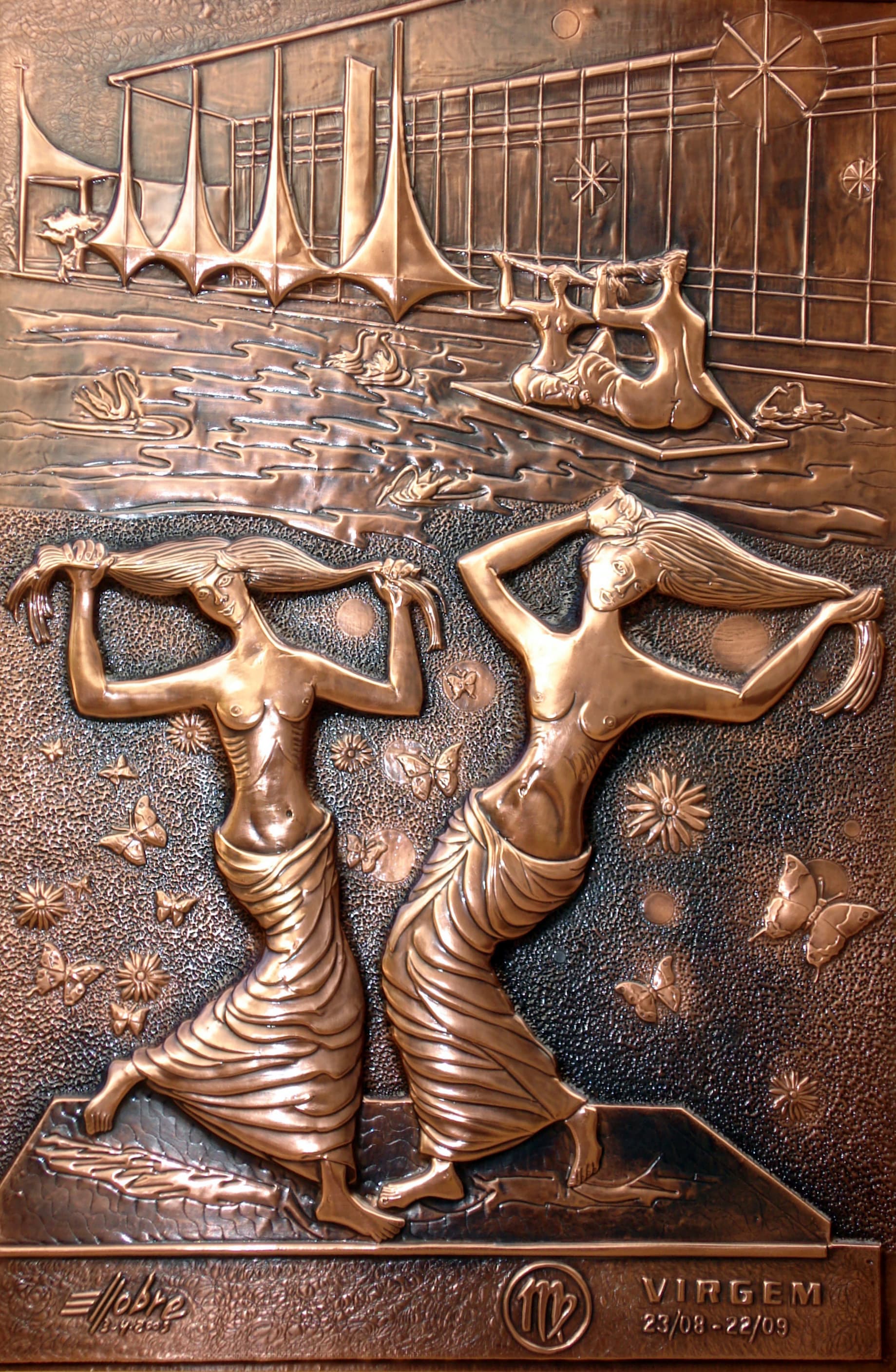 Virgem — série zodiacal em bronze e cobre — obra de Emicles Nogueira Nobre, escultor em Brasília (DF)