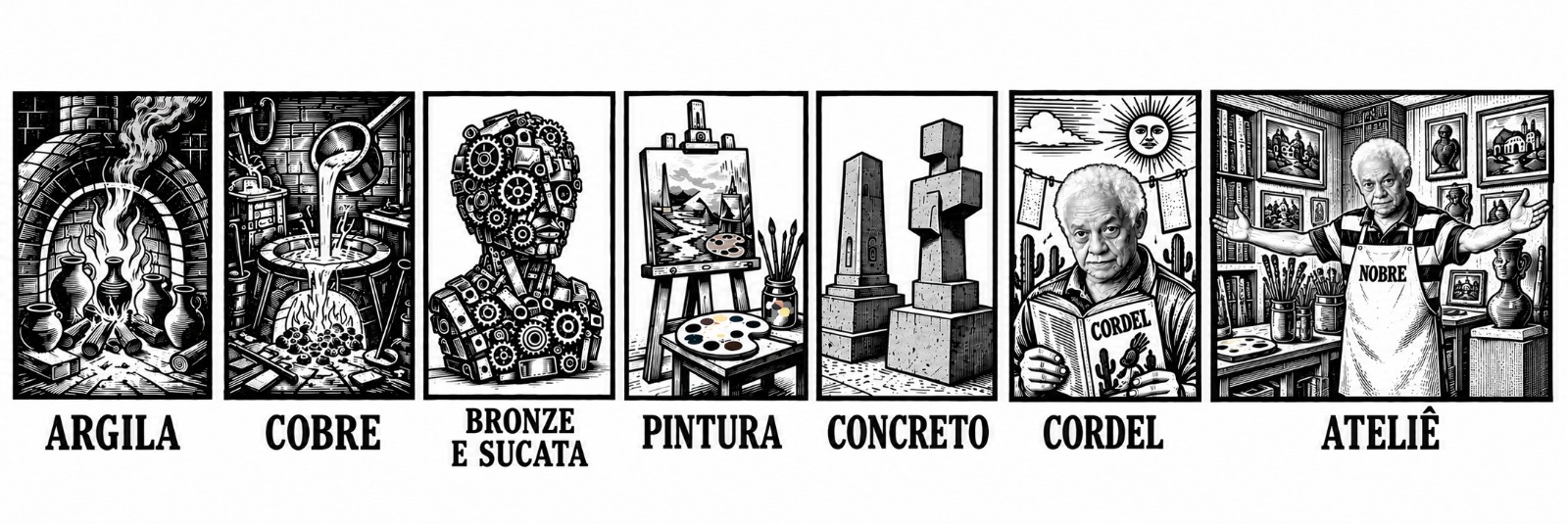 Modalidades do ateliê NOBRE — argila, cobre, bronze e sucata, pintura, concreto, cordel e ateliê